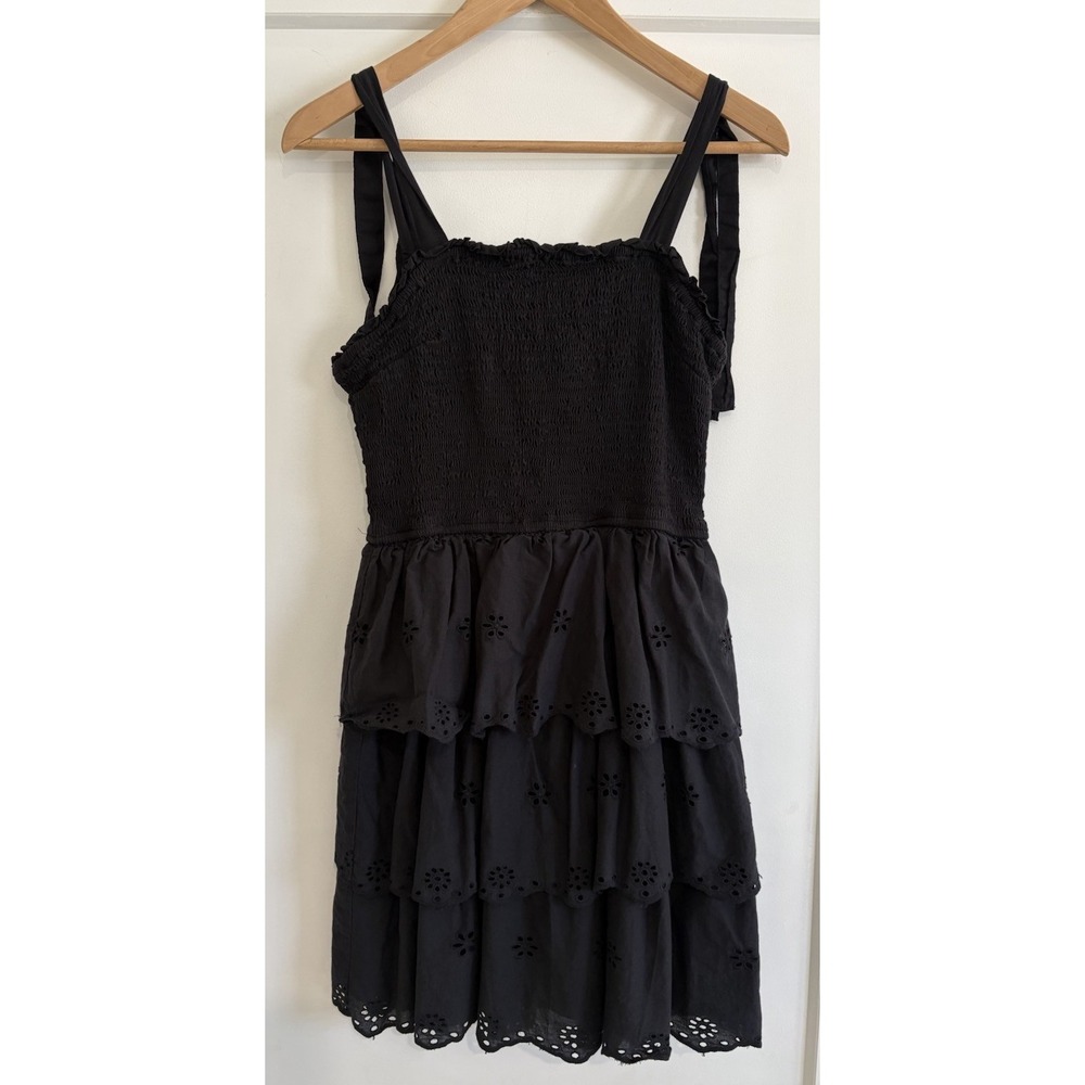 Japna Black Smocked Tiered Eyelet Sundress Size M Cotton Tie Strap Boho Mini